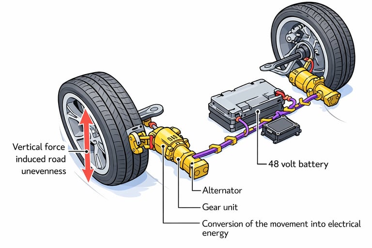 Diagram showing vehicle regenerative braking system with wheels, alternator, gear unit, battery, and energy conversion process labeled