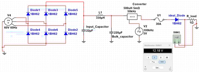 Circuit diagram showing AC-DC power converter with bridge rectifier diodes, capacitor filter, and 12.18V regulated output