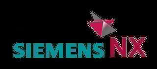 Siemens NX logo with turquoise text and pink-gray geometric symbol on black background
