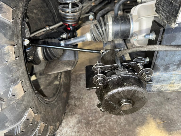 Close-up of vehicles front suspension system showing brake components and axle assembly