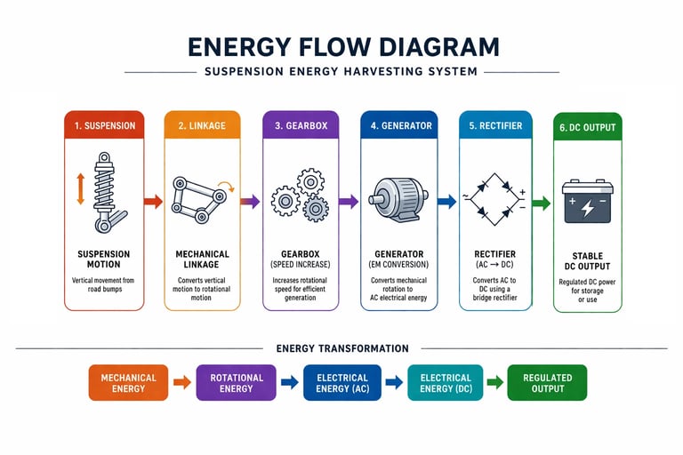 Energy Flow Diagram showing a Suspension Energy Harvesting System with six stages from suspension motion to stable DC output, with energy transformation steps labeled below