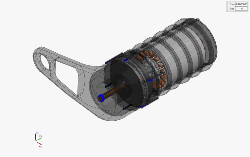 3D CAD model of an electric motor assembly with mounting bracket and internal rotor components visible in cross-section